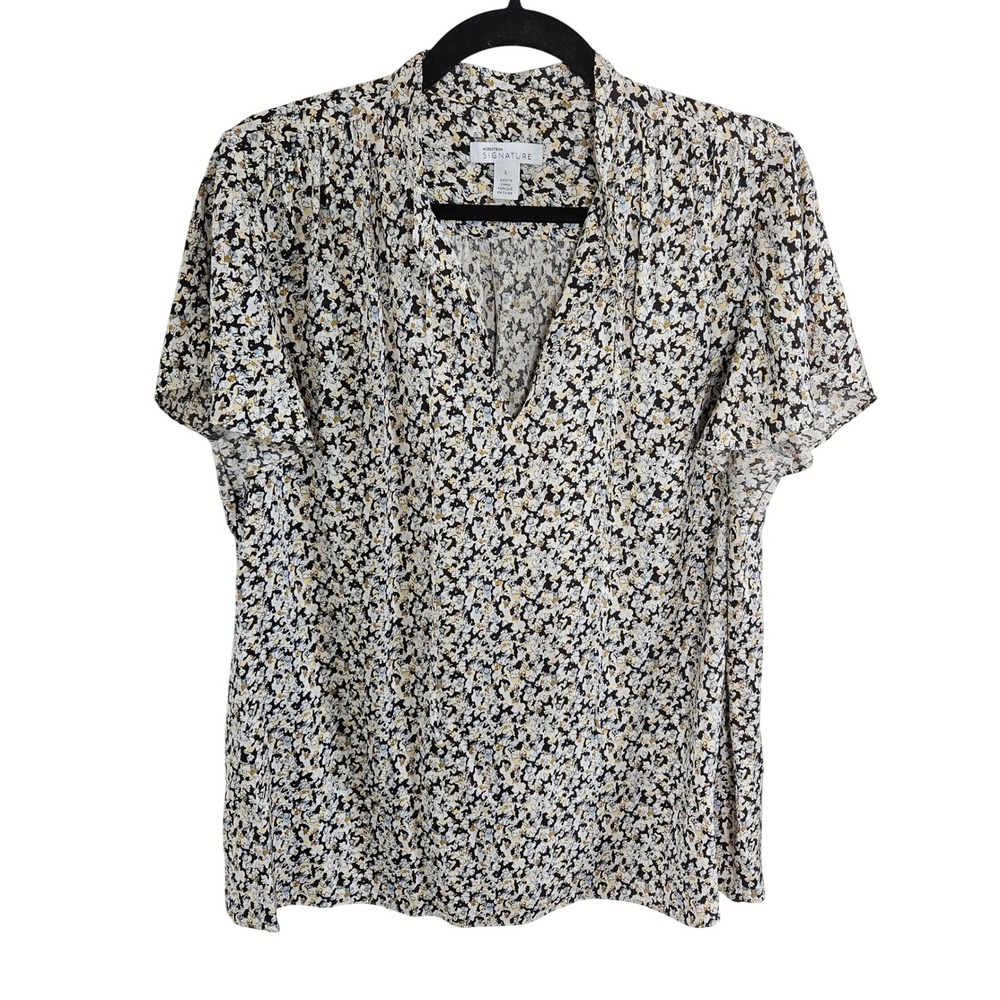 Nordstrom Signature Silk Blend Floral V-Neck Flutter Sleeve Blouse Black Large